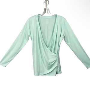 LL Bean Supima Cotton‎ Blend Wrap Blouse Pastel Green Long Sleeve V Neck Sz XS